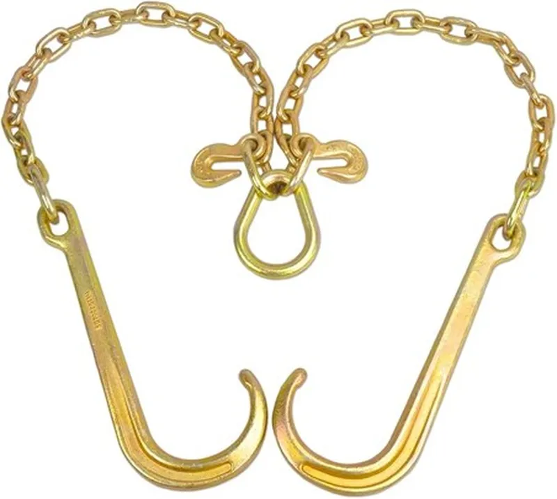 Transport Tow Chain V Bridle with Double 15" J Hooks, Eye Grab Hooks, Flatbed Truck Safety Chain